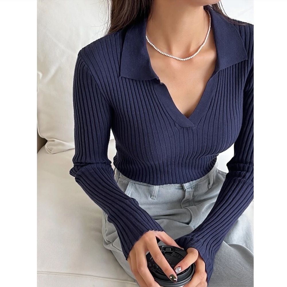 Navy Blue Rib Knit Polo Long Sleeve Sweater Shirt V-Neck Stretchy